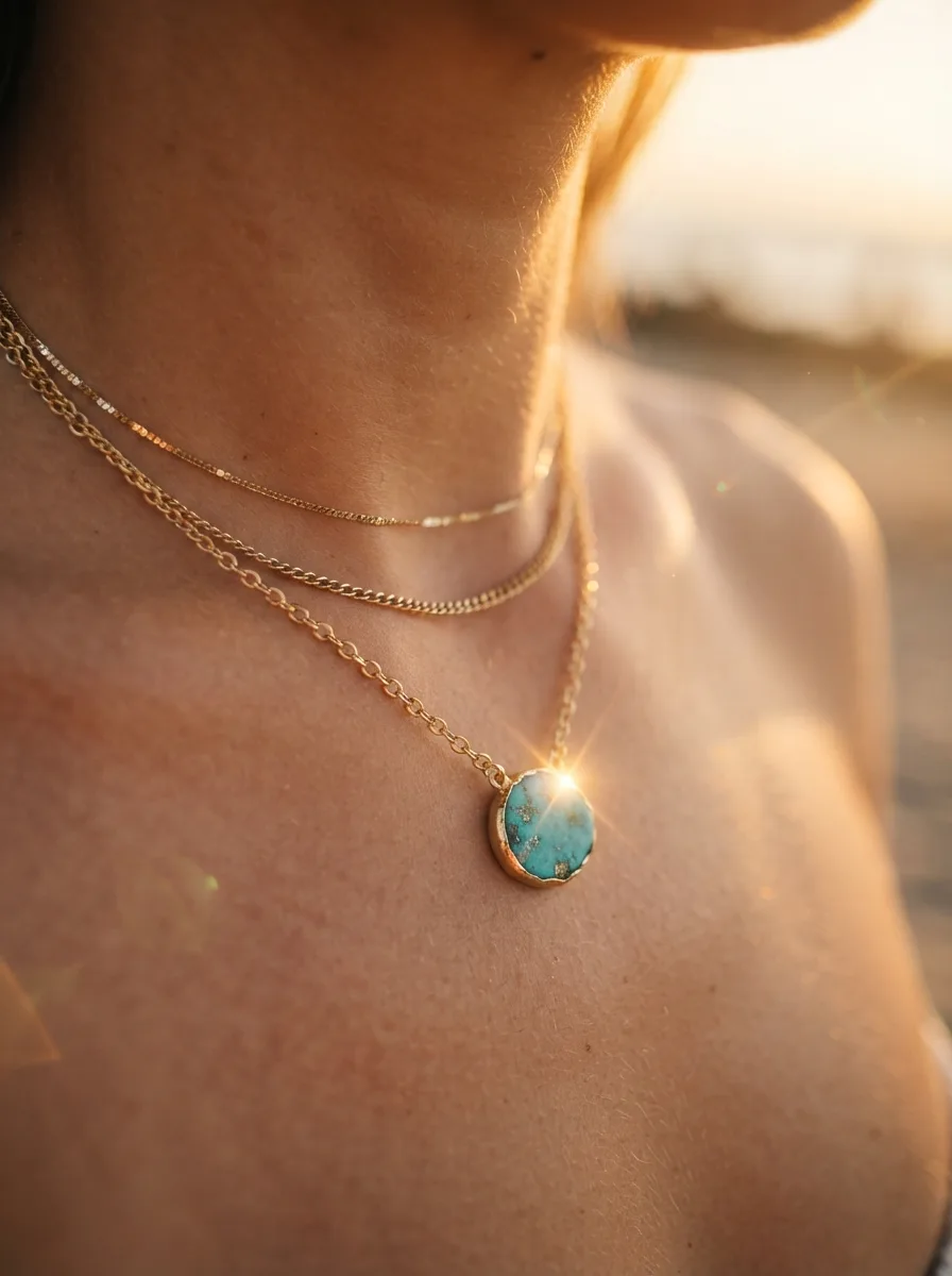Close-up of a layered gold necklace with a turquoise pendant resting against a woman's collarbone in warm sunset light