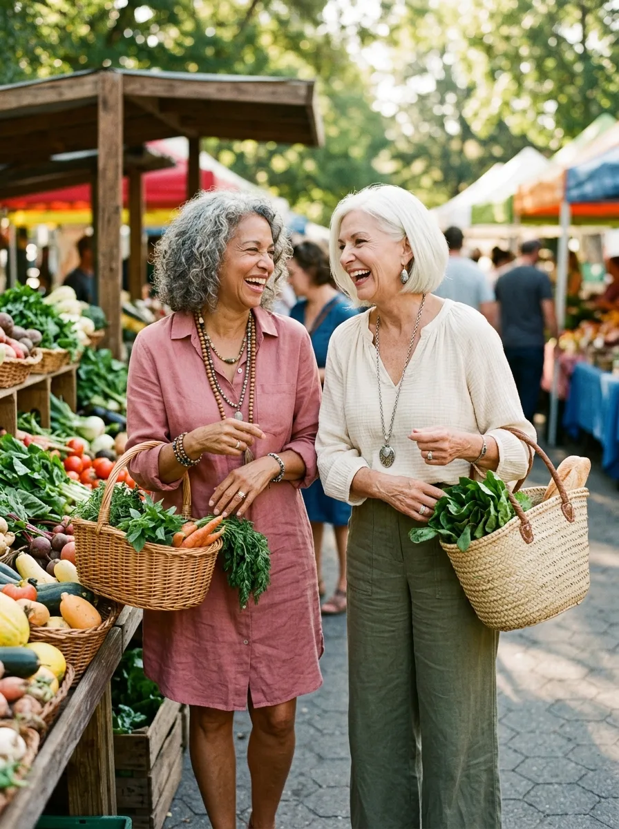Two women in their 60s laughing at a farmers market, one with gray curls in a rose linen shirt dress and wooden-bead necklaces, the other with a white bob in a cream blouse and olive trousers.