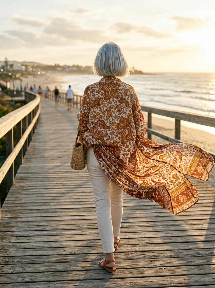 Back view of a woman with a silver bob walking along a seaside boardwalk at sunset, a long rust and cream paisley duster flowing out over slim cream trousers.