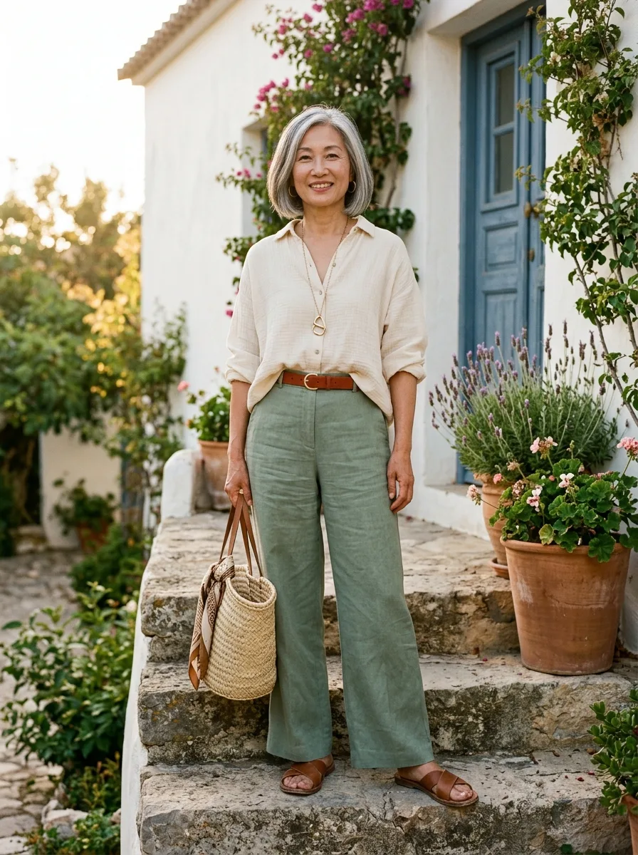 Woman in her 50s with a silver bob on whitewashed house steps in sage wide-leg linen trousers, a tucked cream gauze shirt, a rust leather belt and a long gold pendant.