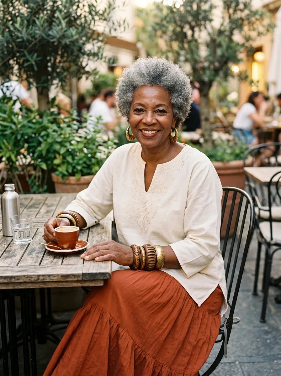 Woman in her late 50s with a short gray afro at a café table in a cream embroidered tunic and rust tiered maxi skirt, with carved wooden and brass bangles.