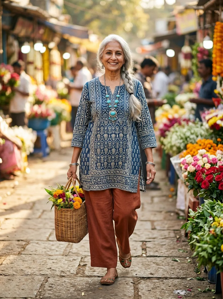 Woman in her 60s with a long silver braid walking through a flower market in an indigo block-printed tunic, rust wide-leg trousers and a turquoise statement necklace.
