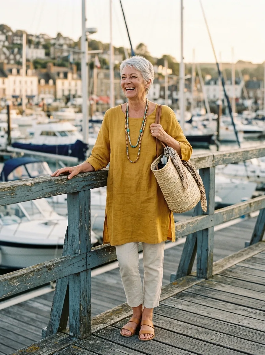 Woman in her 60s with a silver pixie cut laughing at a harbor railing in a mustard linen tunic, cream cropped trousers, long beaded necklaces and a straw bag.