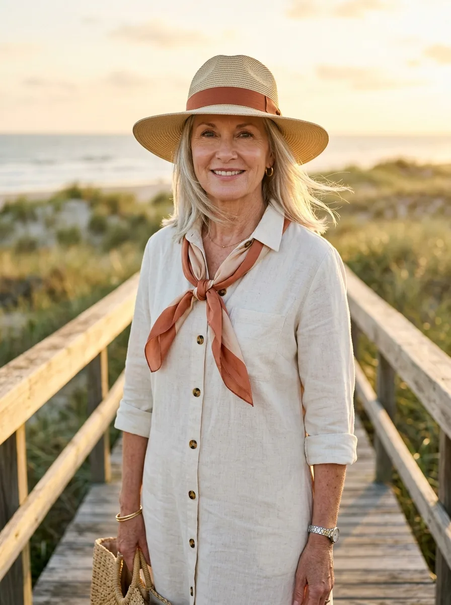 Woman in her late 50s with silver-blonde hair on a beach boardwalk in a straw hat with a rust band, a terracotta silk neck scarf and a cream linen shirt dress.