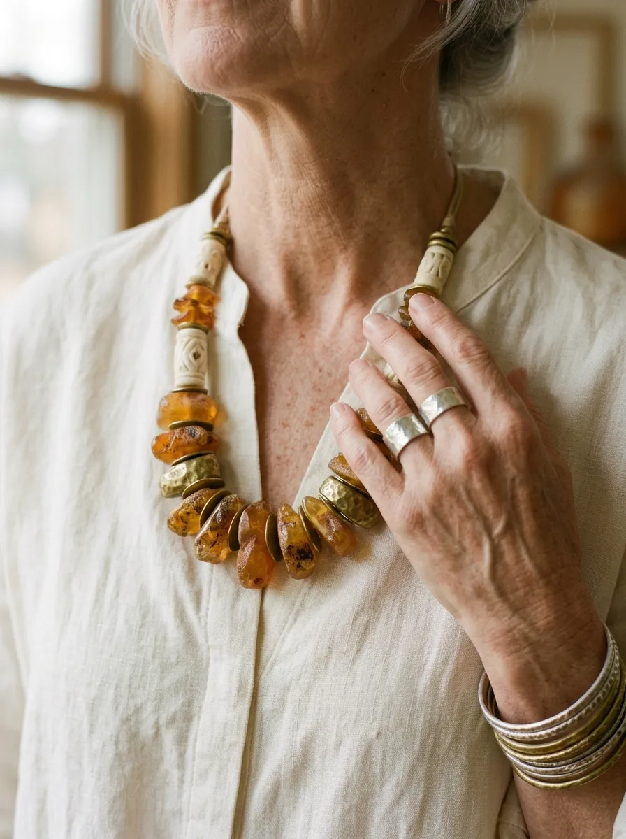 Close-up of a chunky necklace of raw amber, carved bone and hammered brass beads on a cream linen shirt, a hand wearing two wide silver rings and stacked bangles.