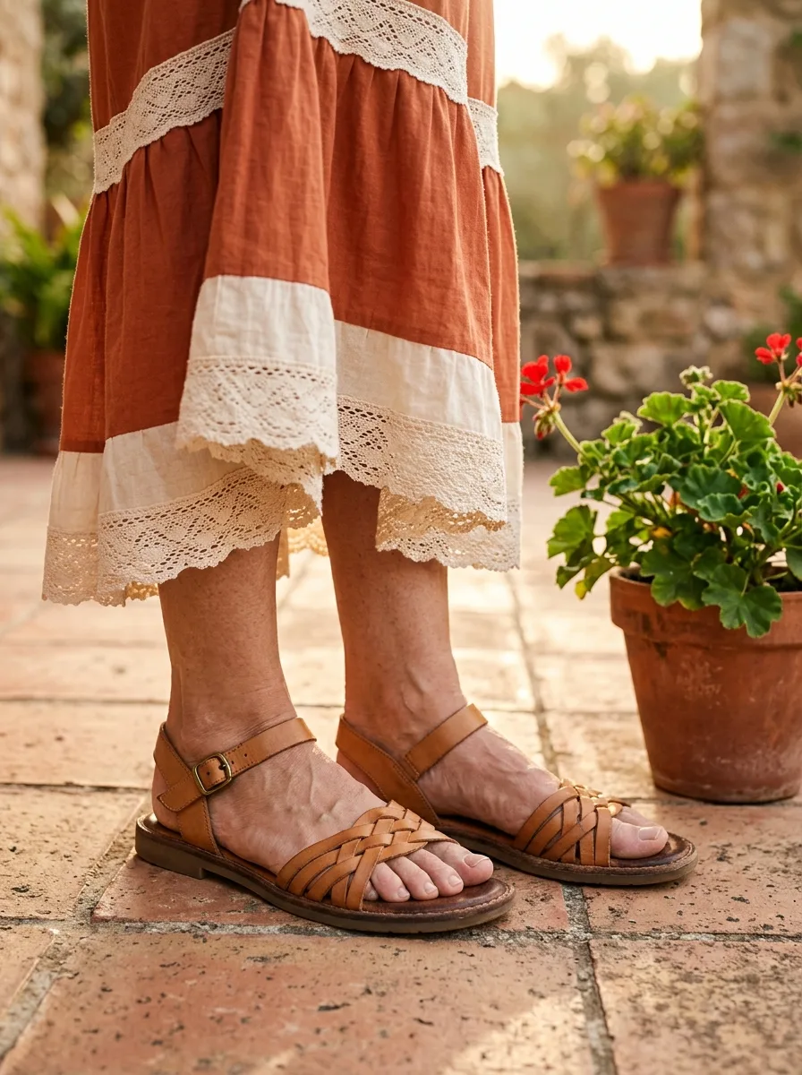 Hem of a rust tiered maxi skirt with cream lace trim above flat tan woven leather sandals with ankle straps, on terracotta tiles beside a potted geranium.