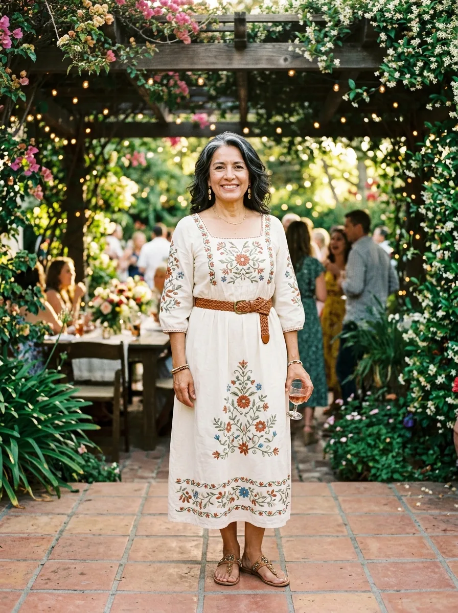 Woman in her 50s with dark wavy hair at a garden party in a cream peasant dress with terracotta, sage and blue floral embroidery and a woven cognac leather belt.