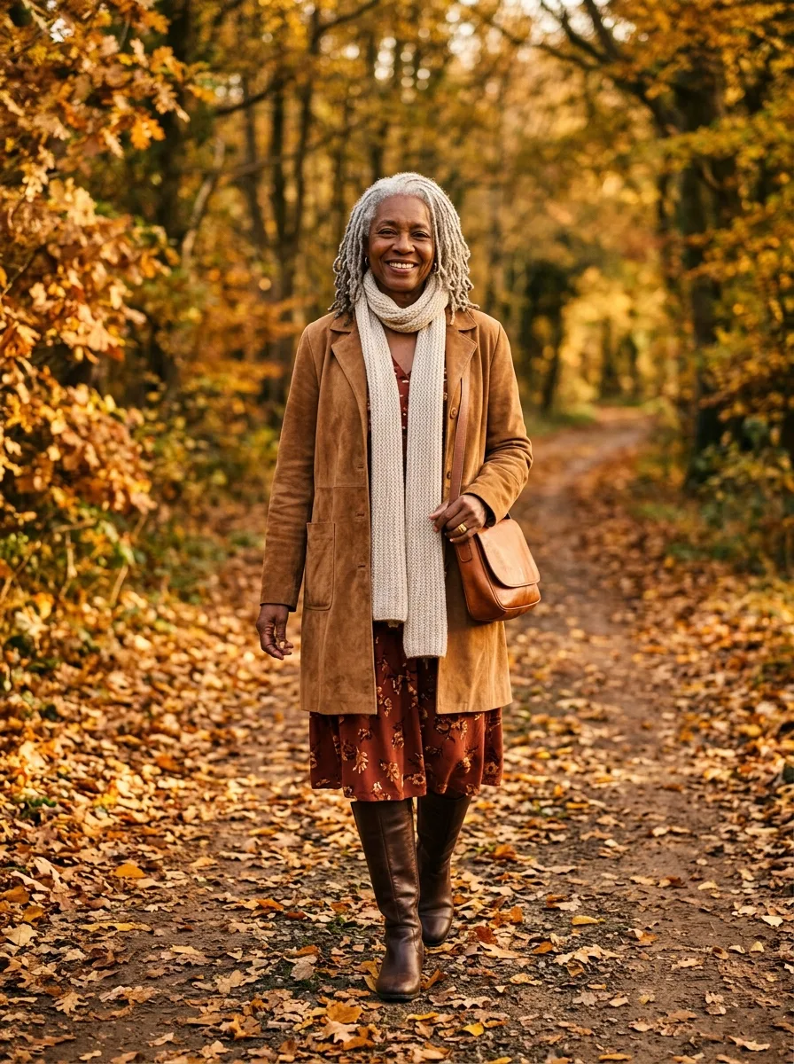 Woman in her 60s with silver locs on an autumn lane in a long camel suede coat over a rust floral midi dress, a cream knit scarf and brown knee boots.