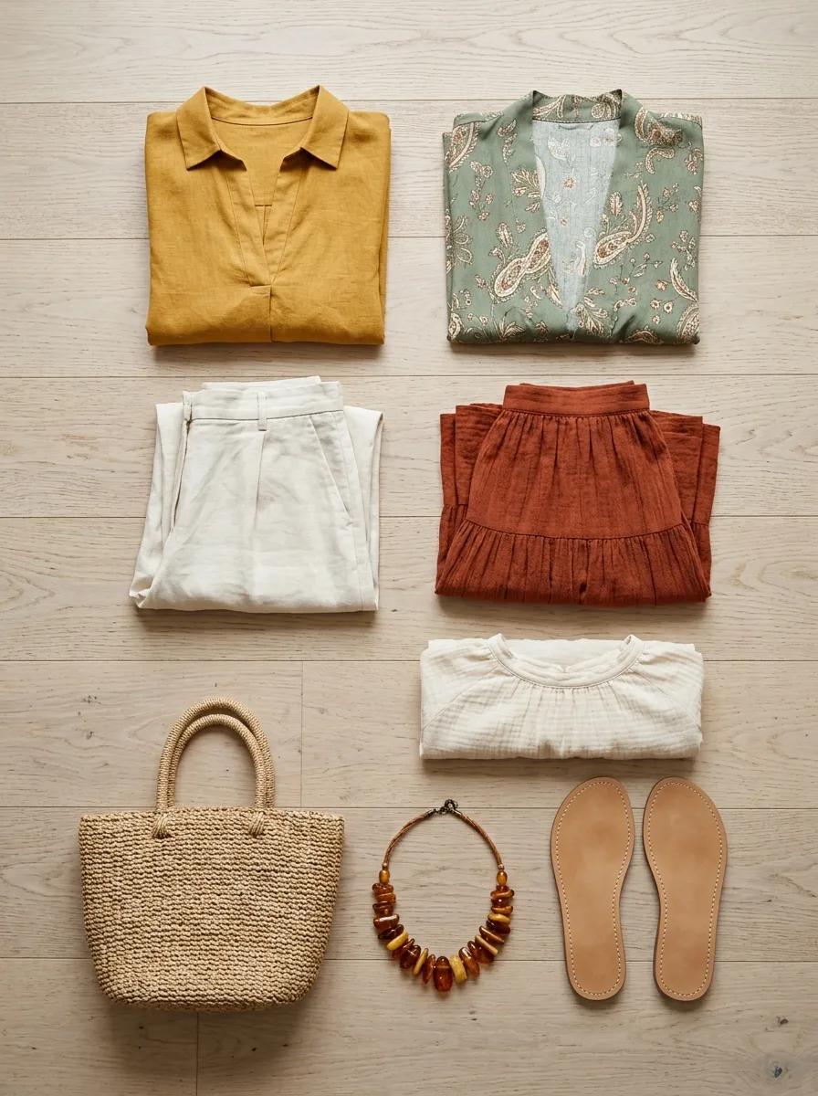 Flat-lay capsule of a mustard linen shirt, a sage paisley kimono, cream linen trousers, a rust tiered skirt, a cream gauze blouse, a straw tote, an amber necklace and tan sandals shown sole-up.