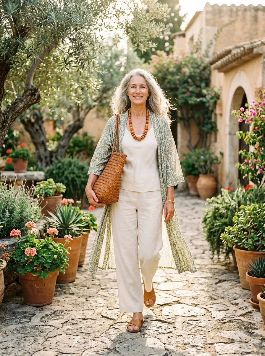 Woman in her early 60s with long silver hair walking through a Mediterranean courtyard in a sage printed duster, cream silk tank, cream wide-leg linen trousers and an amber bead necklace.