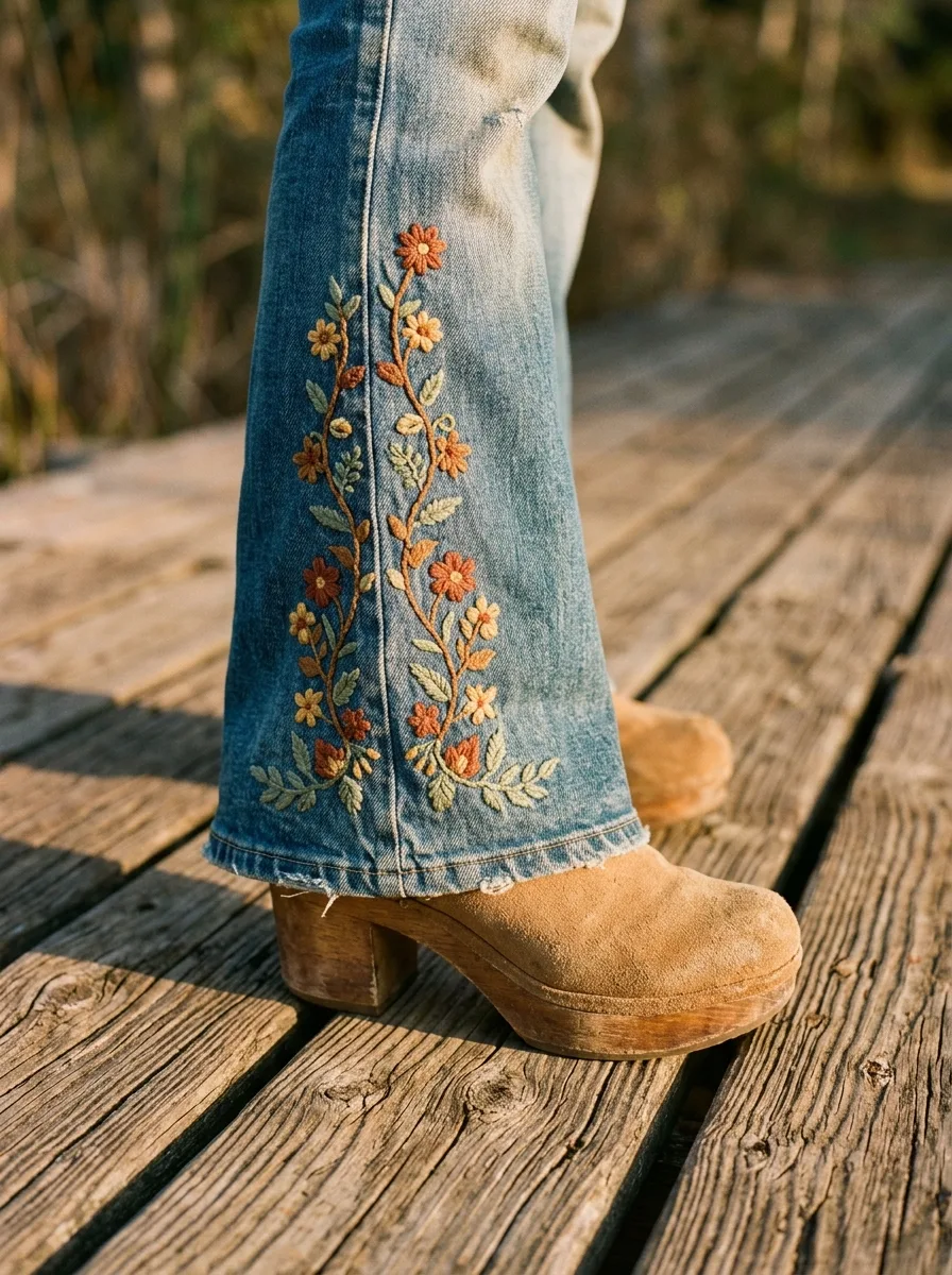 Flared hem of faded jeans with hand-embroidered rust, mustard and sage flower vines running up the leg, worn with tan suede platform clogs on weathered boards.