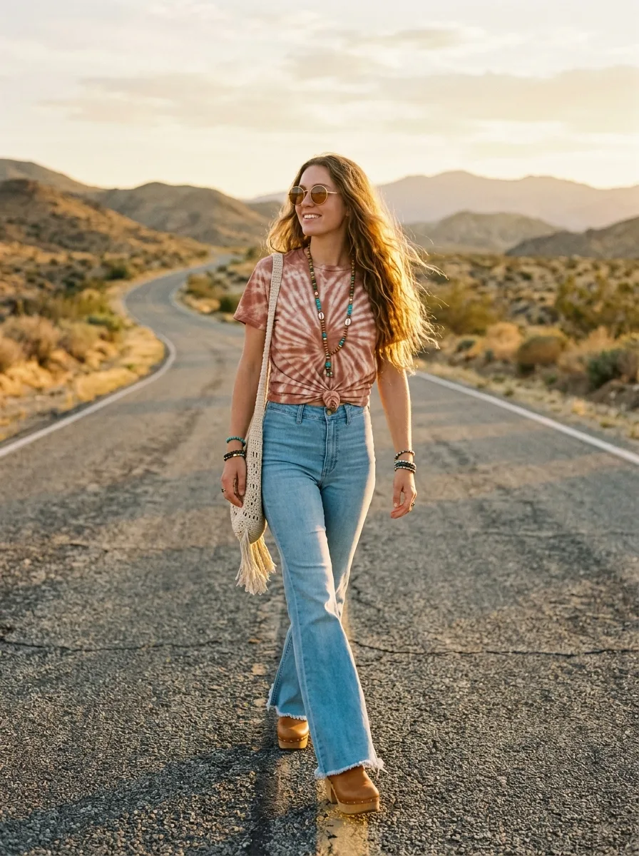 Woman walking down an empty desert road at golden hour in a terracotta tie-dye tee knotted at the waist, high-waisted light-wash flares, round amber sunglasses, a crochet bag and clogs.