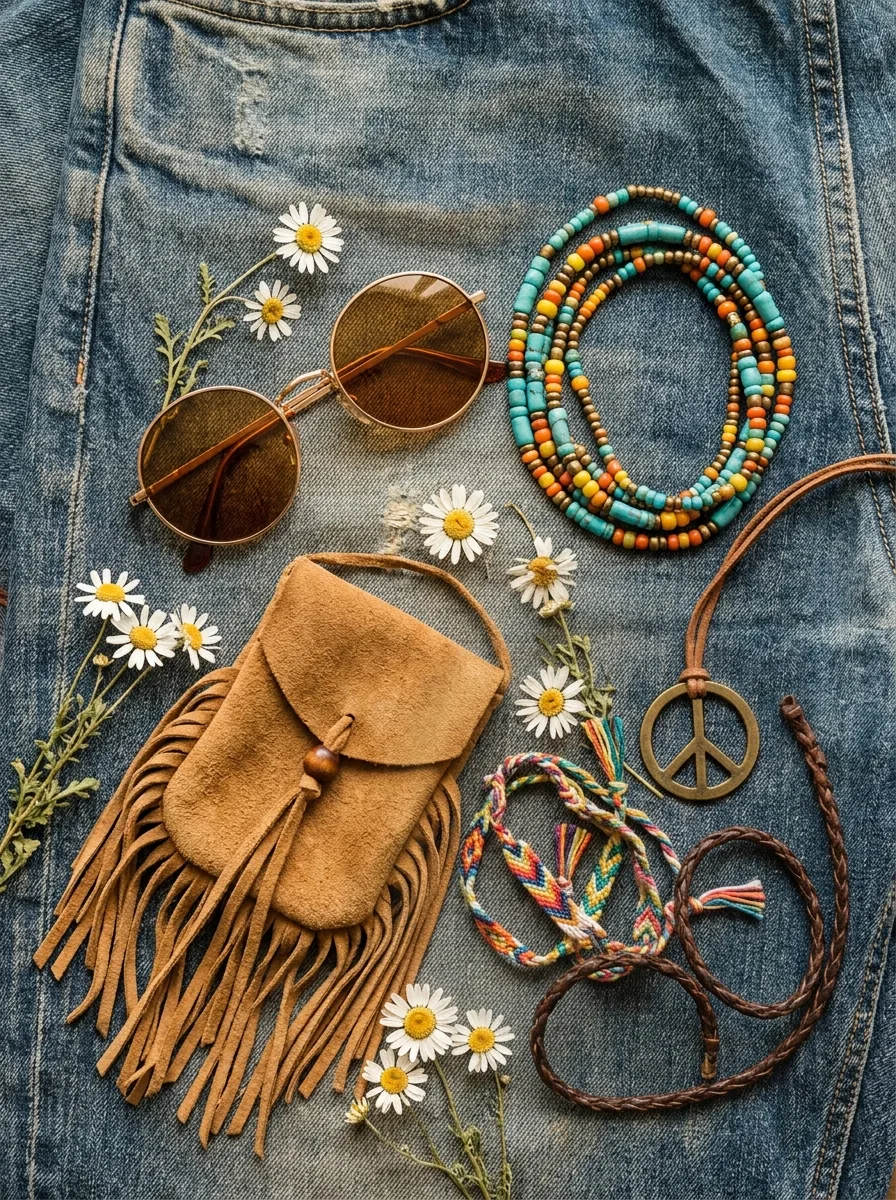 Flat-lay of hippie accessories on faded denim: amber round sunglasses, a turquoise and orange bead necklace, a suede fringe pouch, a peace pendant, friendship bracelets and daisies.