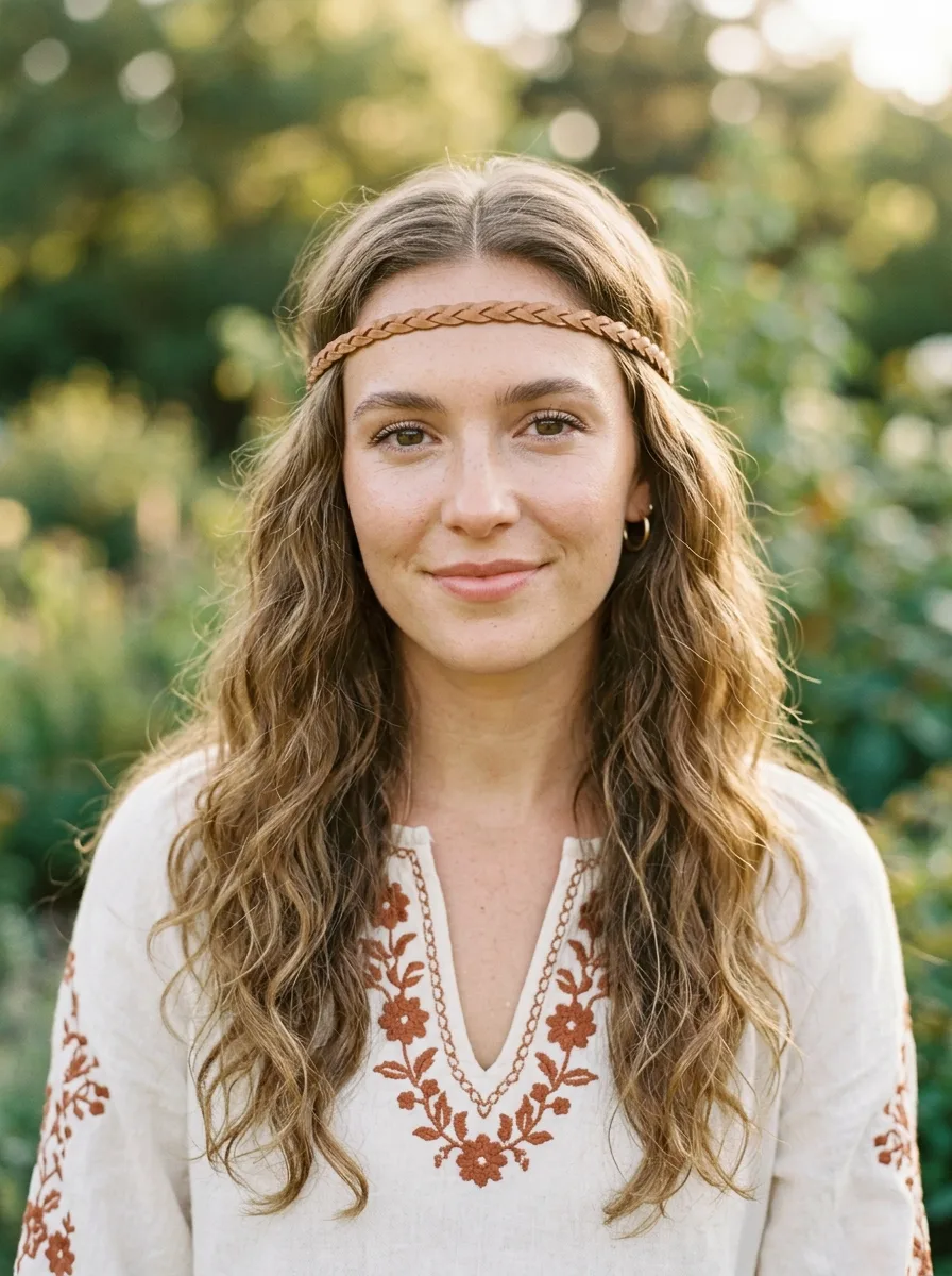 Woman with long center-parted wavy hair wearing a thin braided leather headband across her forehead and a cream peasant top with rust floral embroidery.