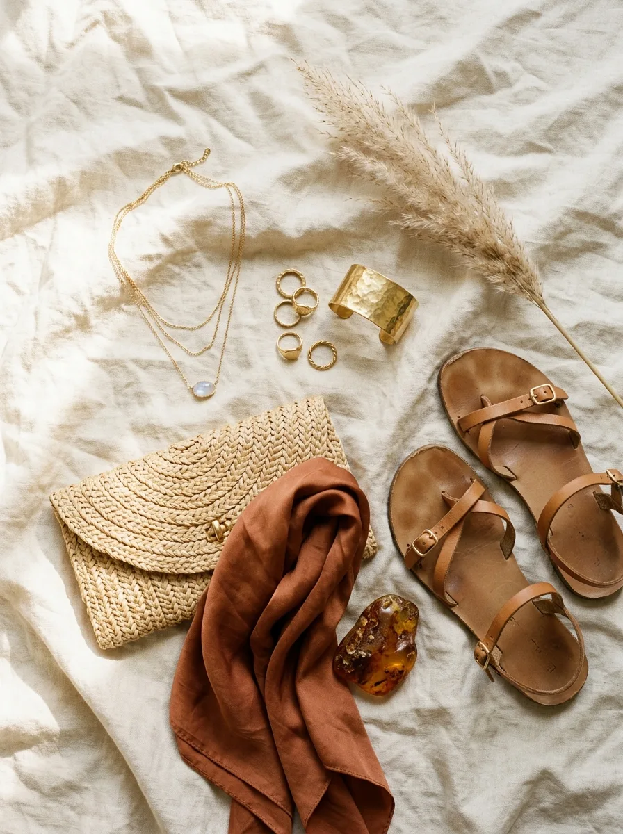 Flat-lay of boho accessories on cream linen: a layered gold necklace with a moonstone, stacked gold rings, a hammered cuff, a straw clutch, a rust silk scarf, raw amber and tan sandals.