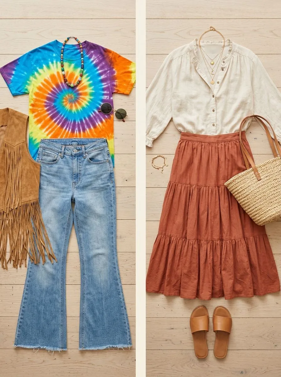 Side-by-side flat-lays: a rainbow tie-dye tee, flared jeans, fringe vest and bead necklace on the left, a cream linen blouse, rust tiered skirt, straw tote and tan slides on the right.