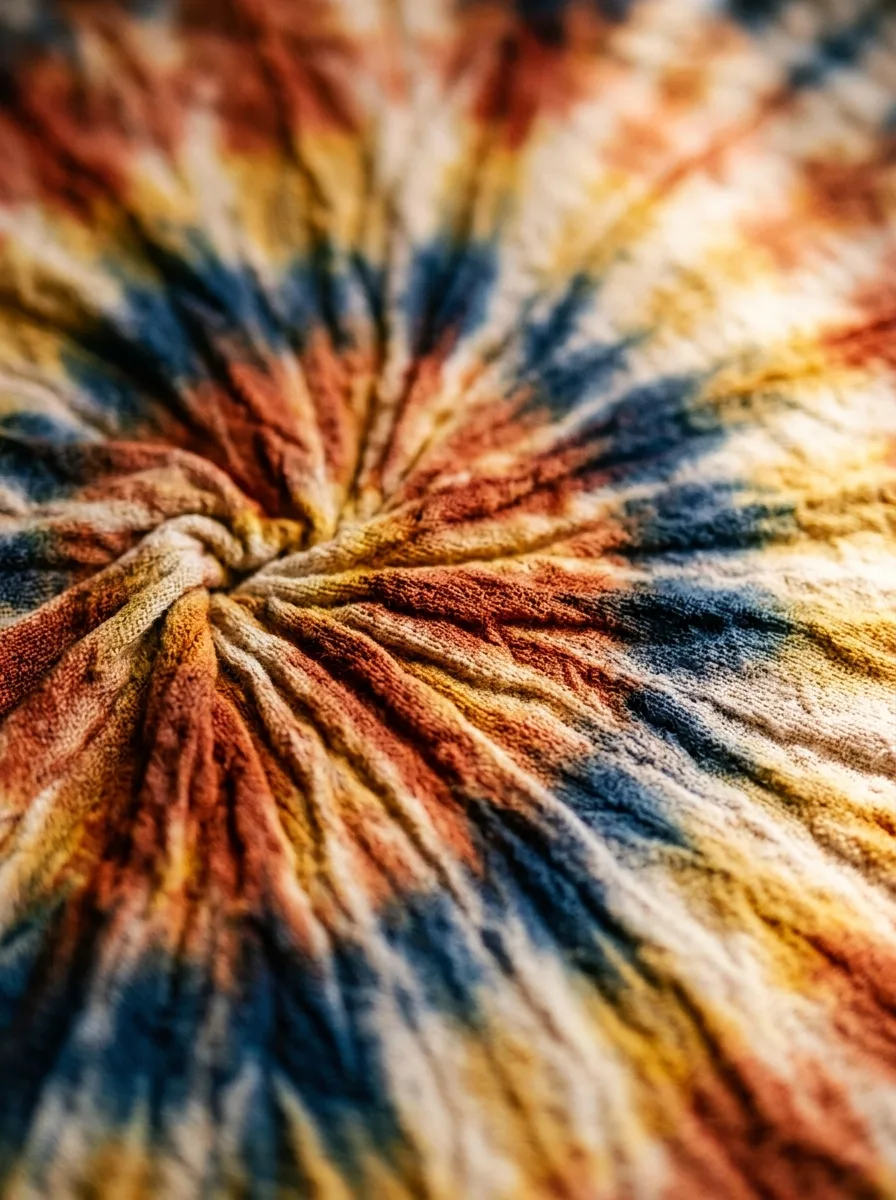 Macro of spiral tie-dye fabric in rust, mustard, cream and indigo, with crinkled folds radiating out from the center.