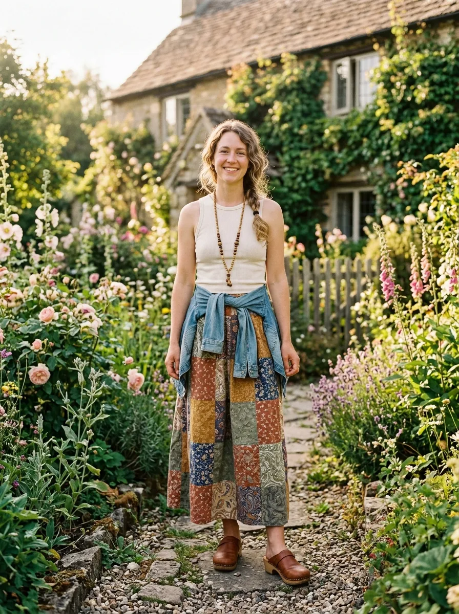 Woman in a cottage garden wearing a muted patchwork maxi skirt, a cream ribbed tank, a long wooden-bead necklace, a denim jacket tied at the waist and brown leather clogs.