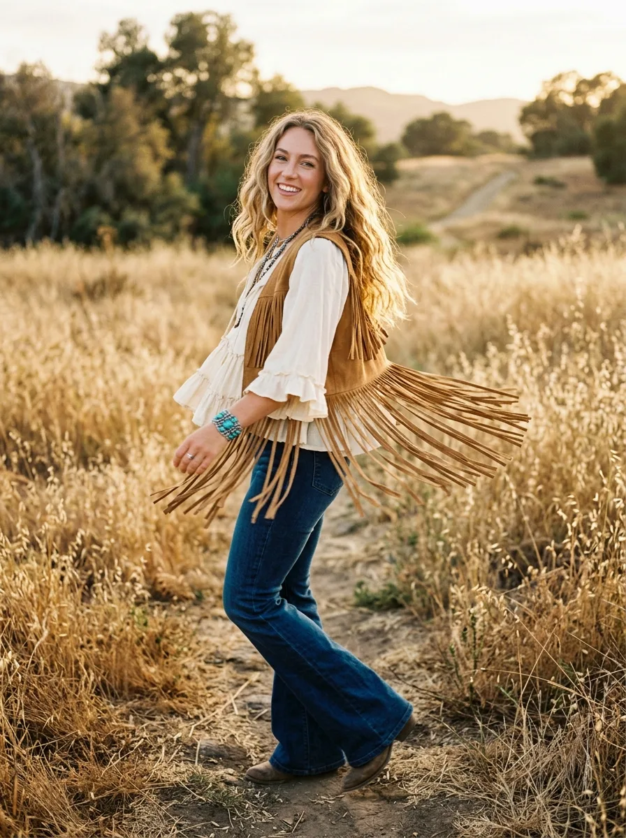 Woman turning in a dry-grass field wearing a tan suede fringe vest over a cream ruffled peasant top, dark flared jeans and a turquoise cuff, the fringe swinging out.