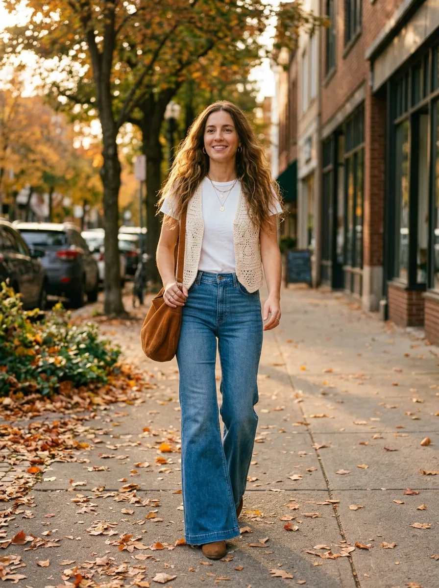 Woman on a tree-lined autumn sidewalk in a cream crochet vest over a white tee, high-waisted flared jeans, fine gold necklaces, a cognac suede bag and suede boots.