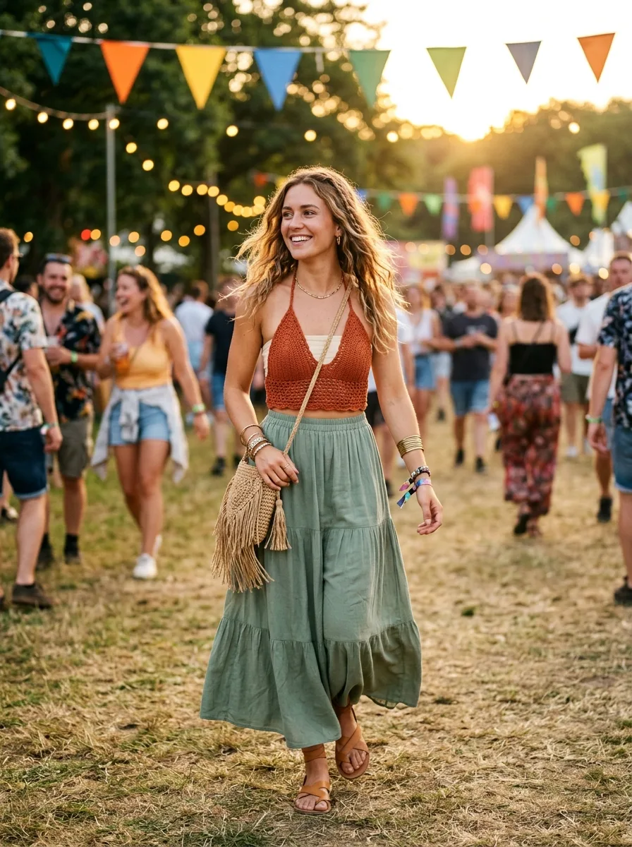 Woman at a golden-hour outdoor festival in a rust crochet halter top, a sage tiered maxi skirt, gold bangles and a woven fringe crossbody bag, with bunting and a crowd behind.