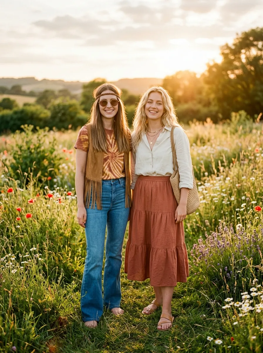 Two women in a golden-hour wildflower meadow, one in a rust tie-dye tee, flared jeans, fringe vest and round sunglasses, the other in a cream linen shirt and terracotta tiered skirt.
