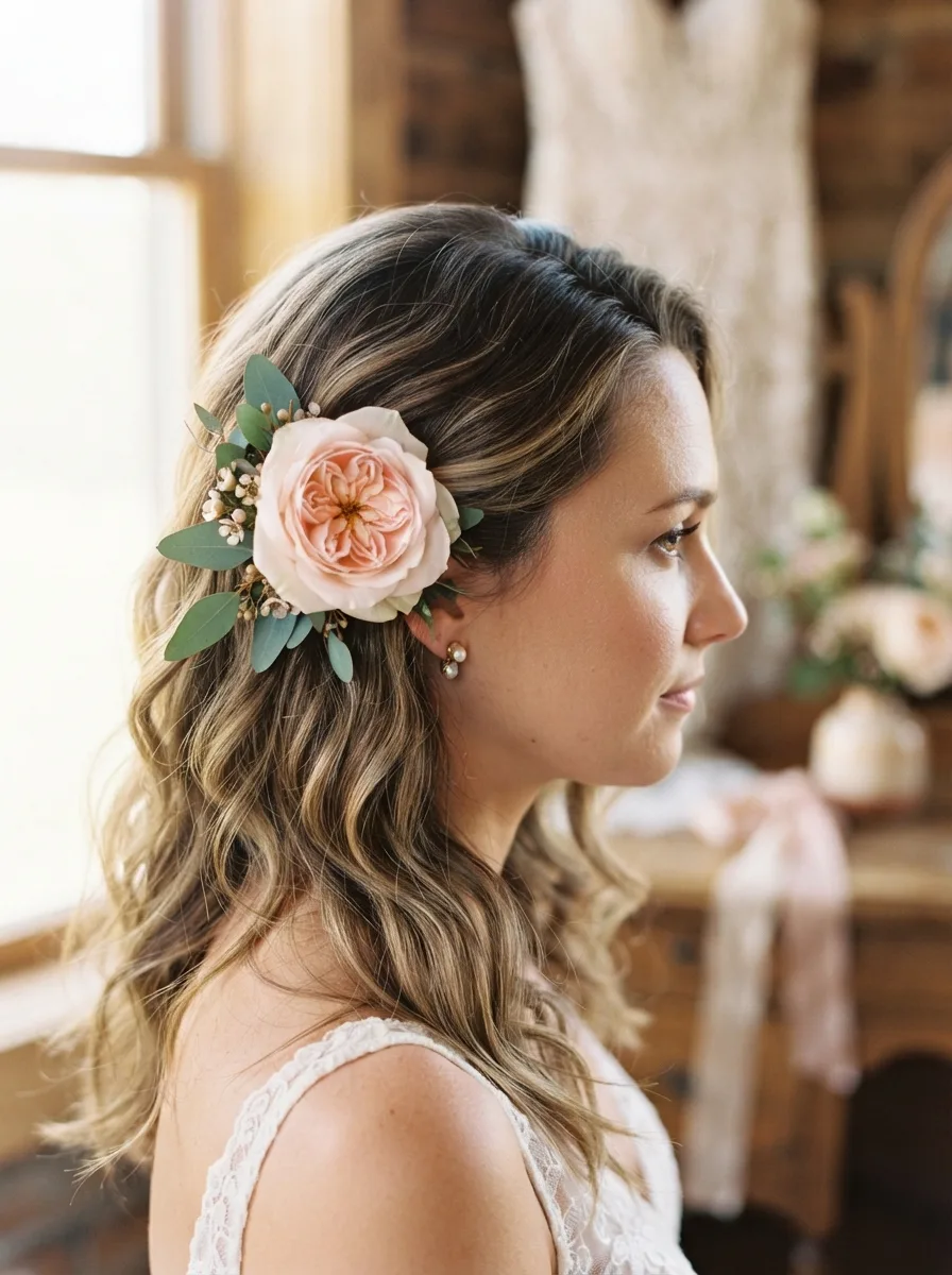 Side profile of a bride with loose waves and a single blush garden rose with eucalyptus tucked behind her ear