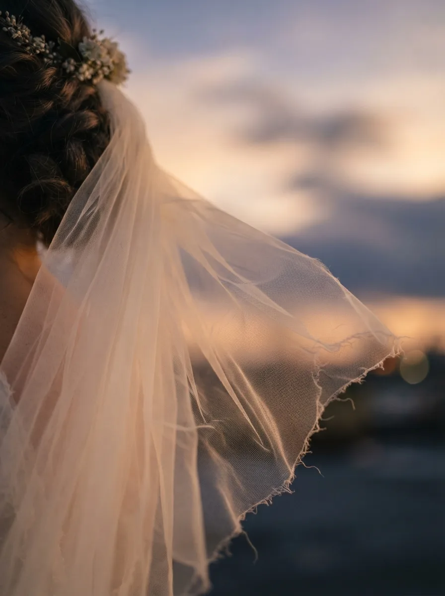 Close-up of a bride's braided updo with baby's breath, veil catching the breeze at golden hour