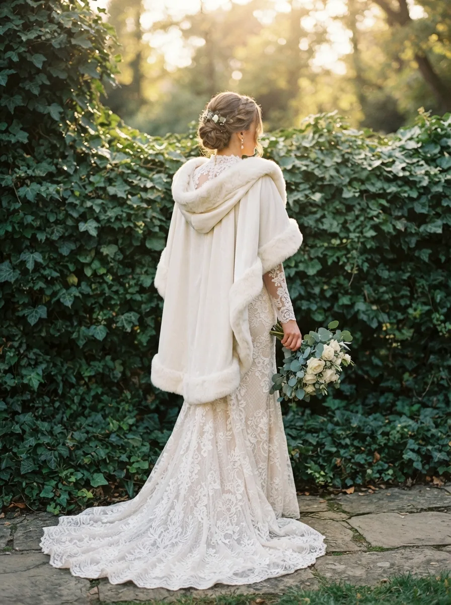 Back view of a bride's braided low updo with a small flower tucked in, wearing a fur-trimmed cape over a lace gown