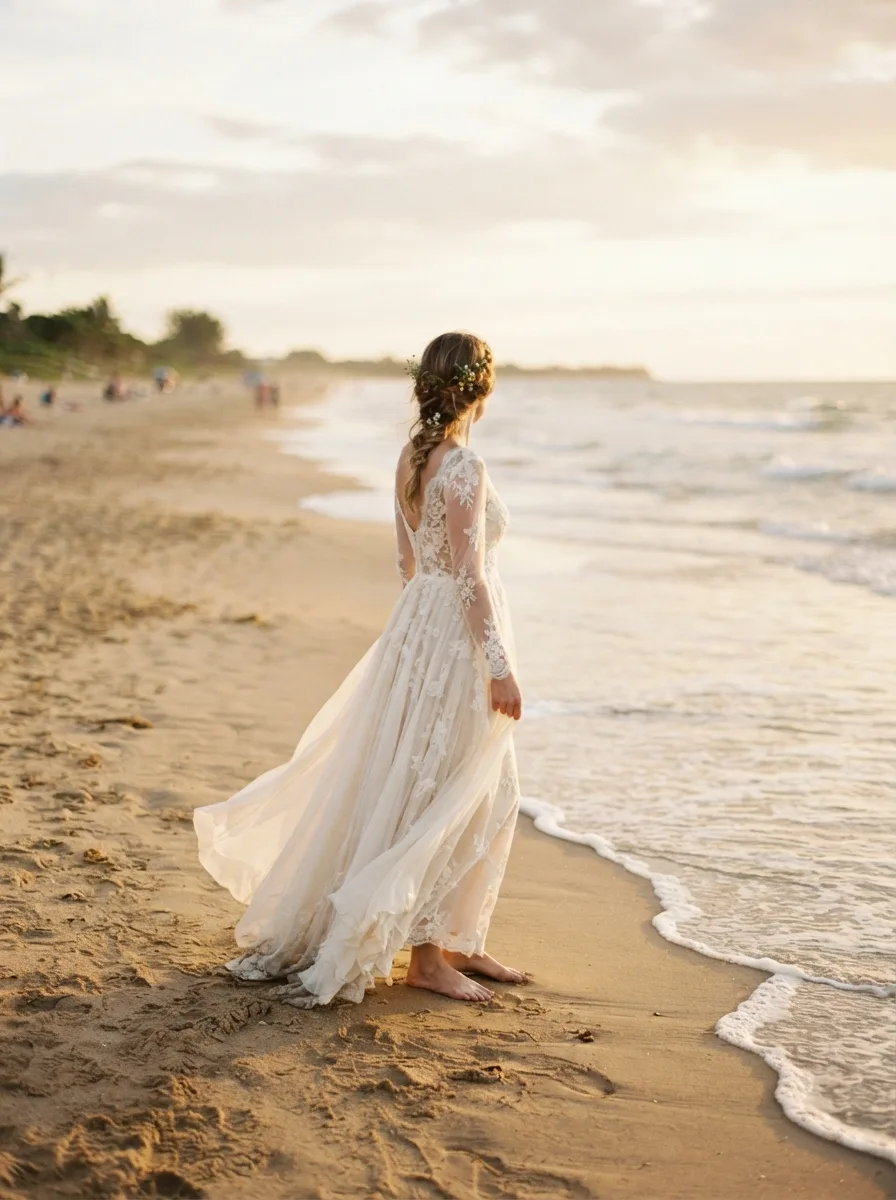 Back view of a bride walking toward the ocean at sunset, hair in a low braid woven with small white flowers and greenery