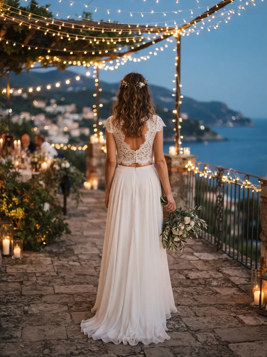 Back view of a bride's loose waves with a single floral hairpin, standing on a terrace strung with fairy lights at dusk