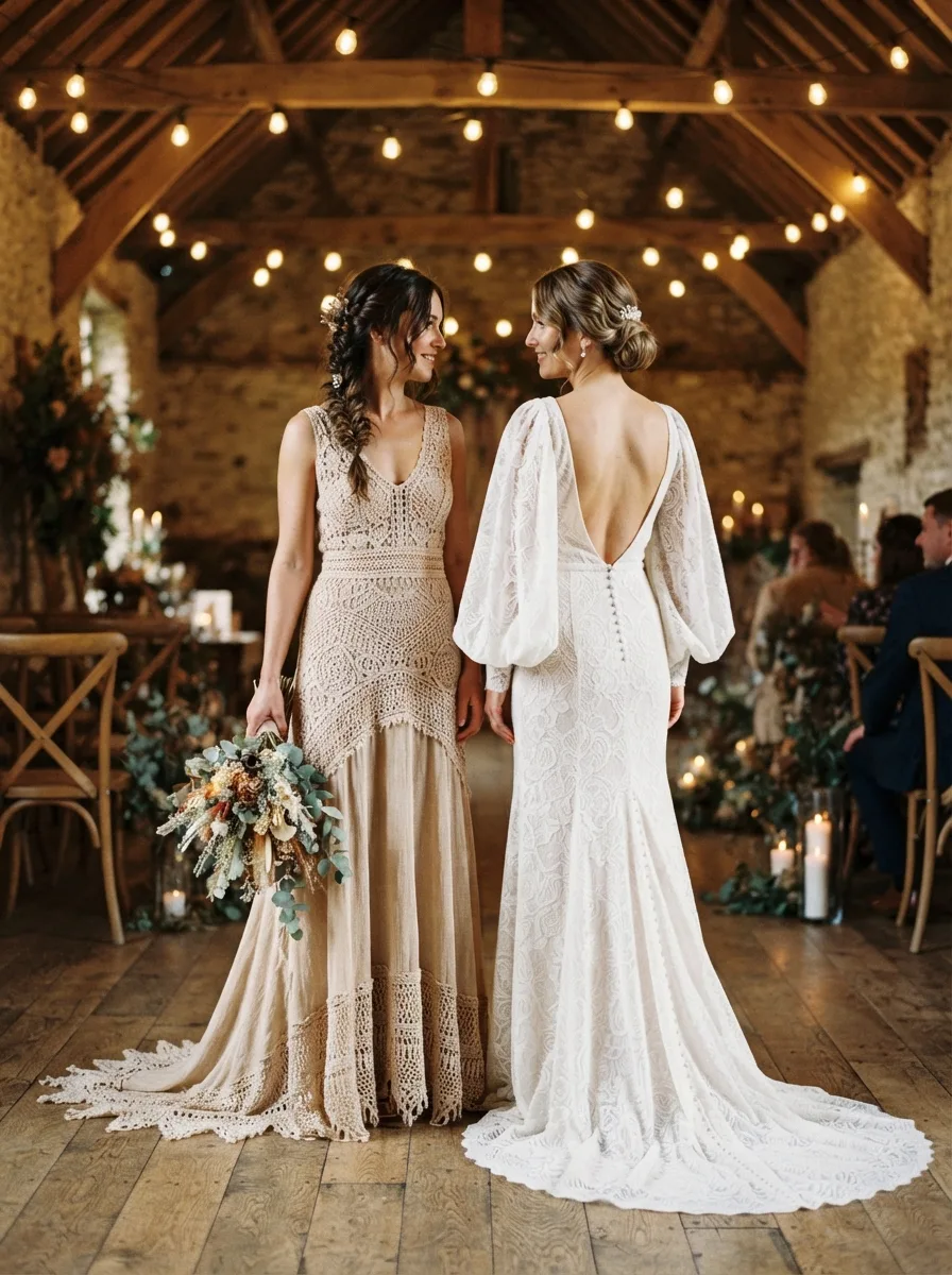 Two brides side by side, one with a loose fishtail braid and floral hairpin, the other with a sleek low bun and hairpin