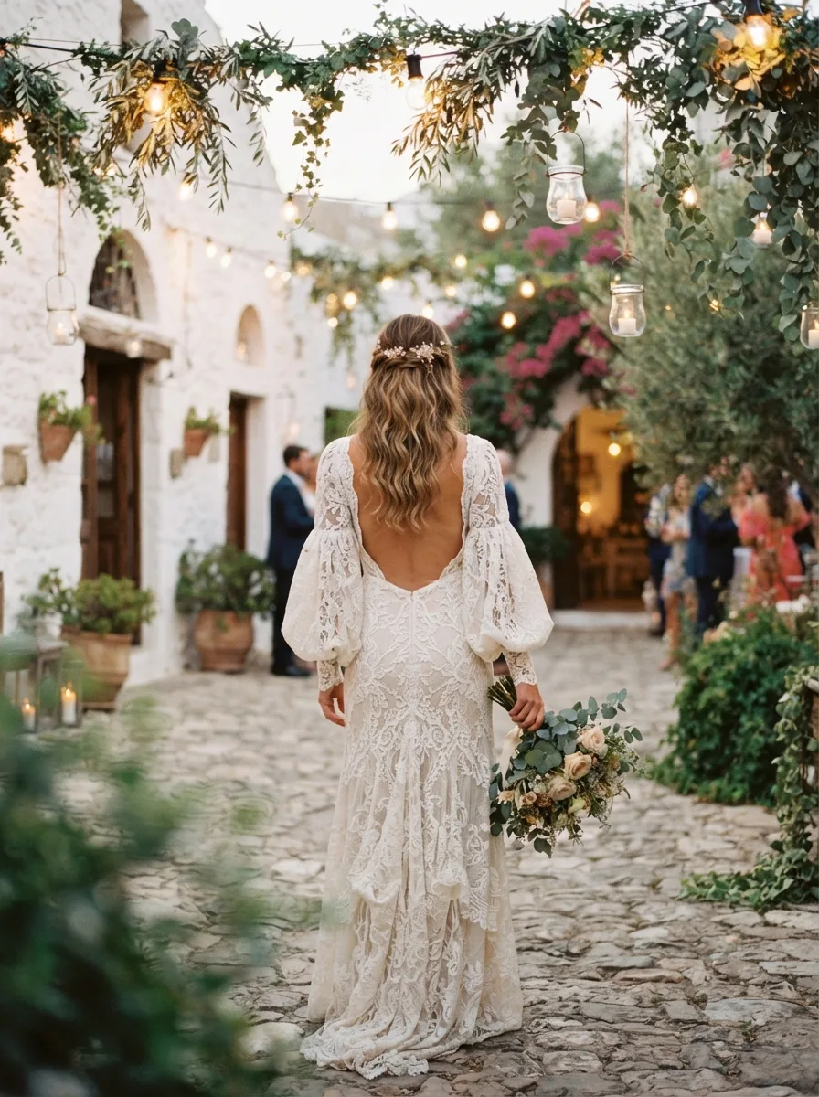 Back view of a bride's loose waves with a delicate floral hairpin, walking through a string-lit courtyard past dinner guests