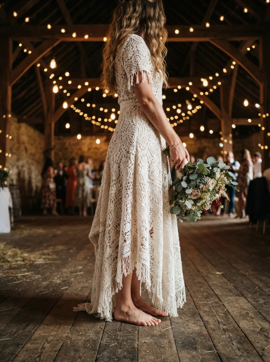 Side profile of a bride with soft curls and small florals tucked in, standing barefoot in a rustic barn at golden hour