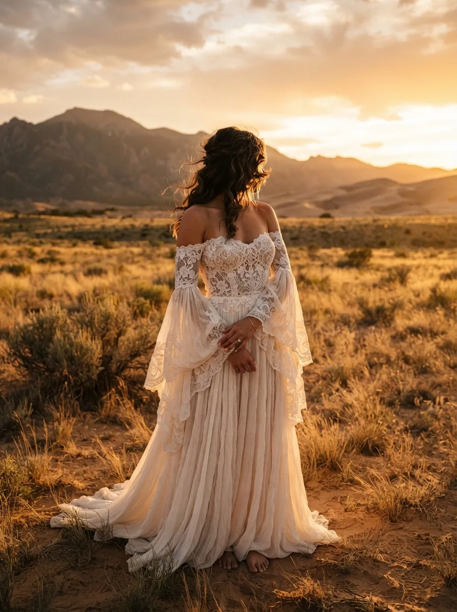 Back view of a bride's windswept waves with a small floral hair clip, walking through a desert field at sunset