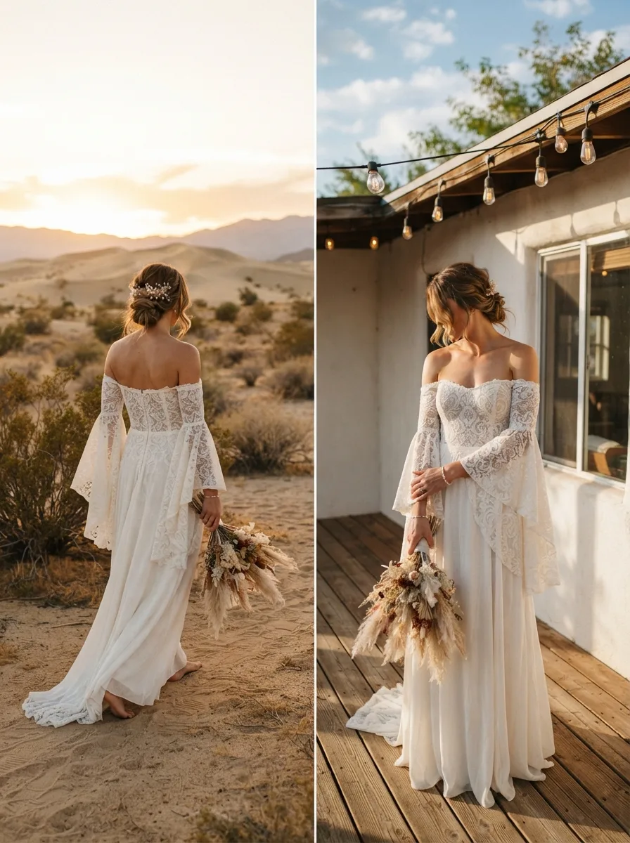 Bride with a low bun and floral hairpin in an off-shoulder bell-sleeve lace gown, standing in a sunlit desert doorway
