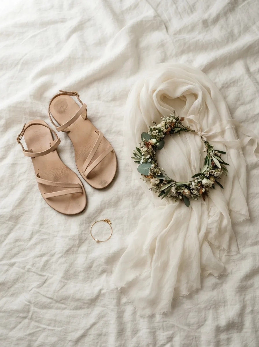Flat-lay of flat leather sandals, a small greenery and baby's breath flower crown, and a linen scarf on a rumpled bed sheet