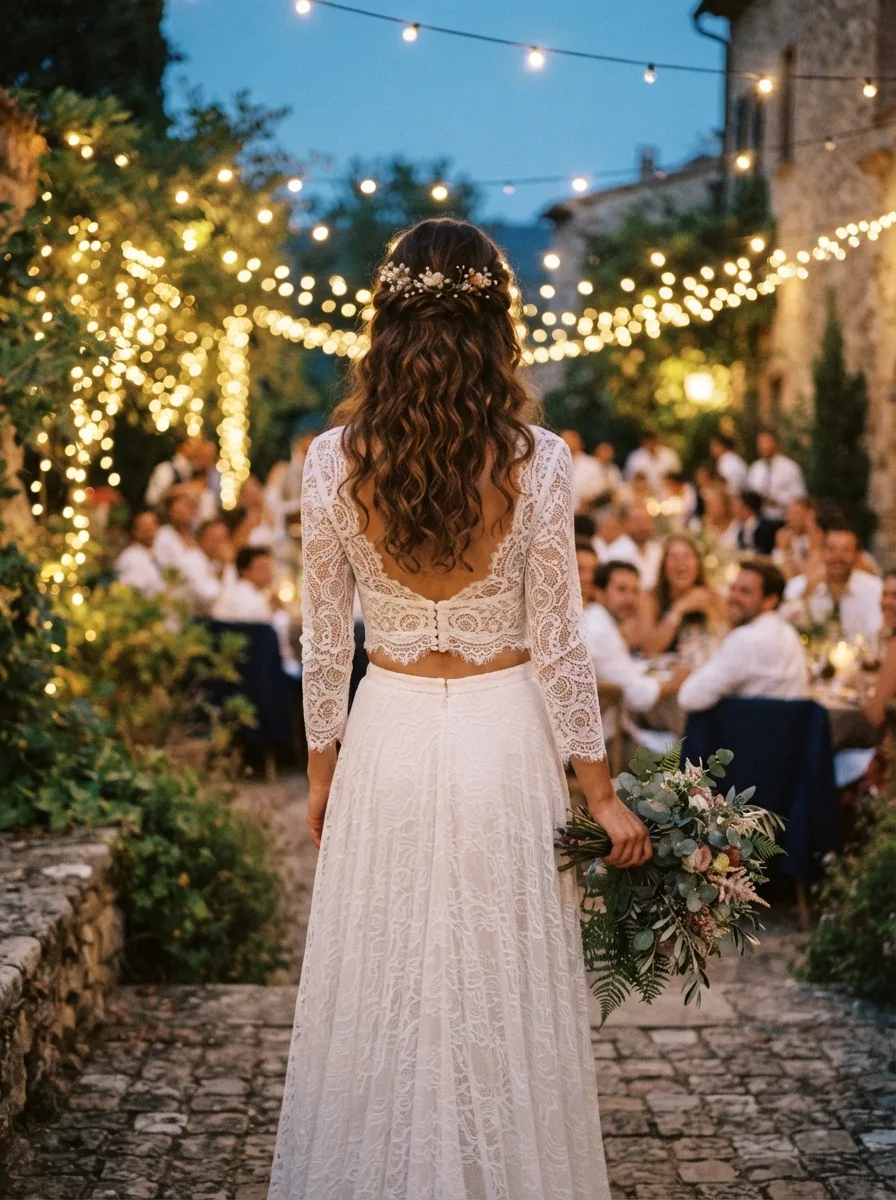 Back view of a bride's loose waves with a floral hairpin, wearing a two-piece lace crop top gown at an evening reception