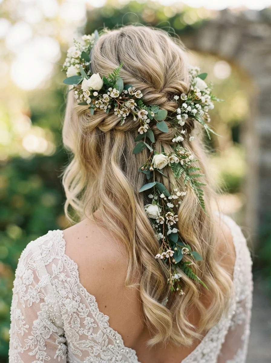 Back view of a bride's braided half-up hairstyle woven with white roses, wax flowers, ferns, and trailing eucalyptus through loose waves