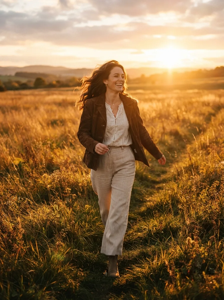 Woman walking through a golden autumn field wearing a brown suede jacket, cream embroidered blouse, and beige linen trousers