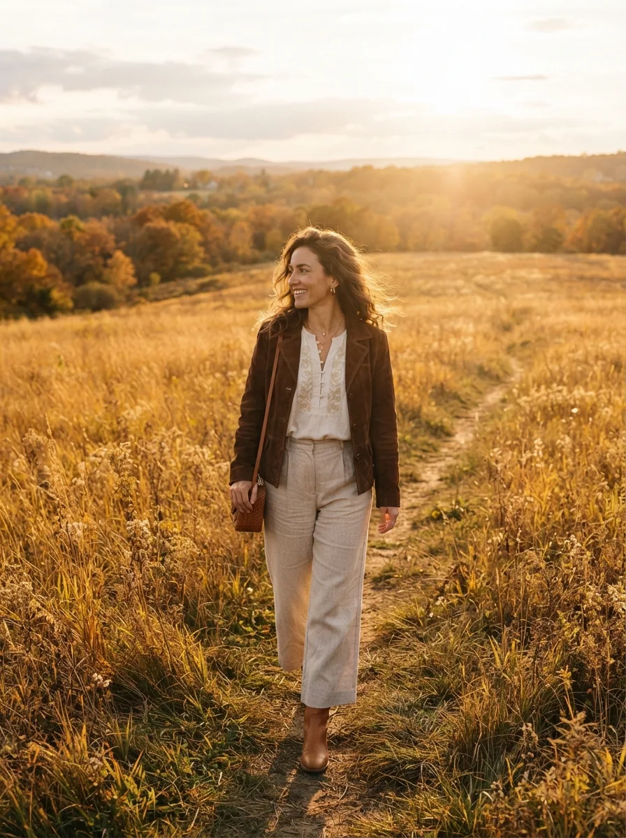 Woman walking through an autumn field wearing a dark brown suede jacket over a white blouse and beige wide-leg trousers