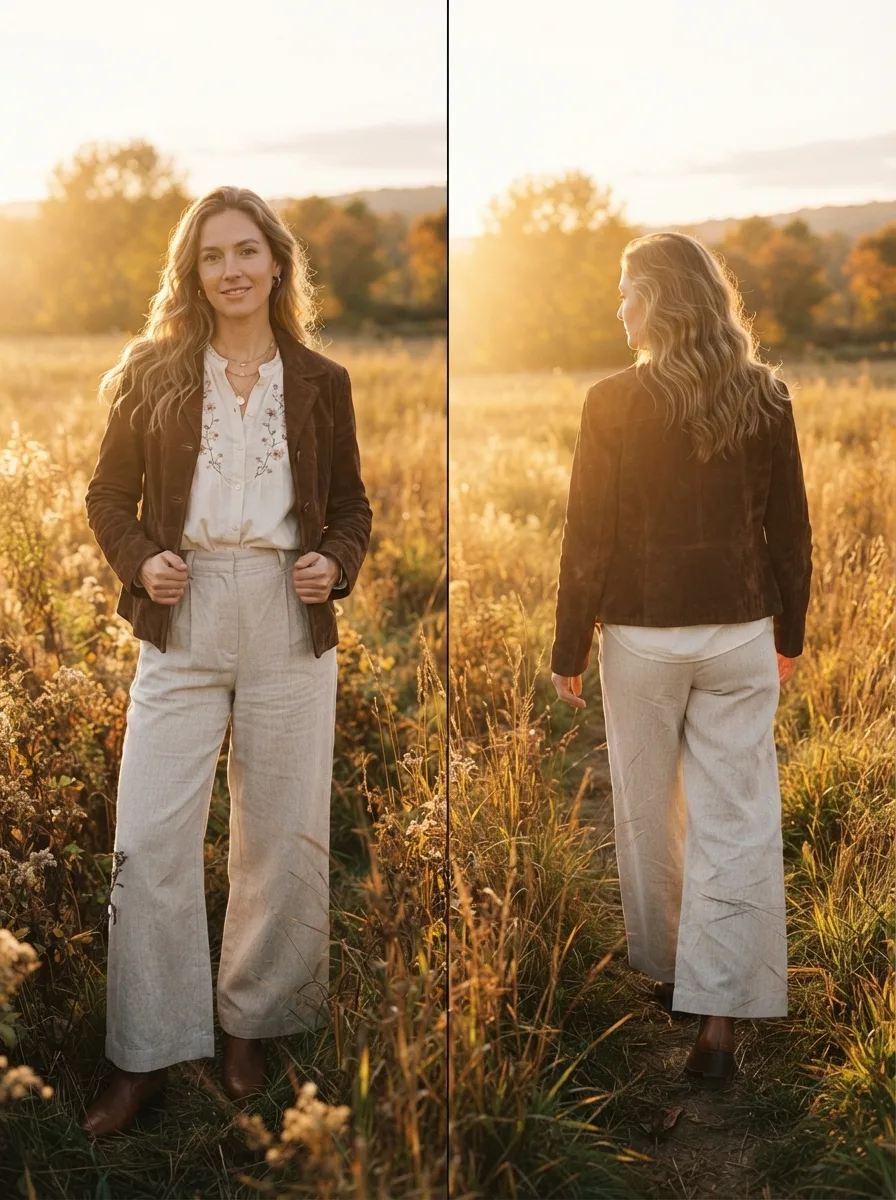 Woman in a brown suede blazer over a floral embroidered blouse and cream trousers standing in a golden field, brass belt buckle at the waist