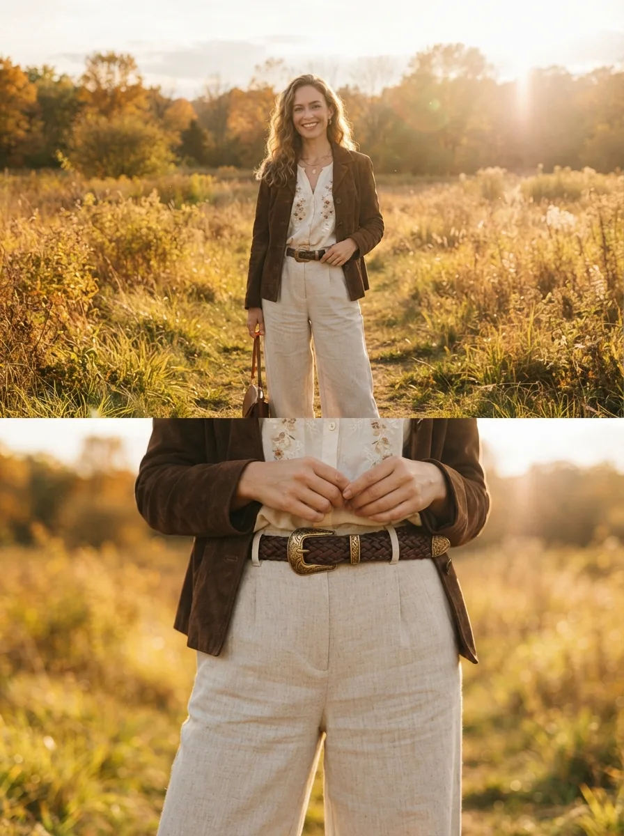 Close crop of a woman's waist showing a braided leather belt with a brass buckle cinching a suede jacket over cream trousers