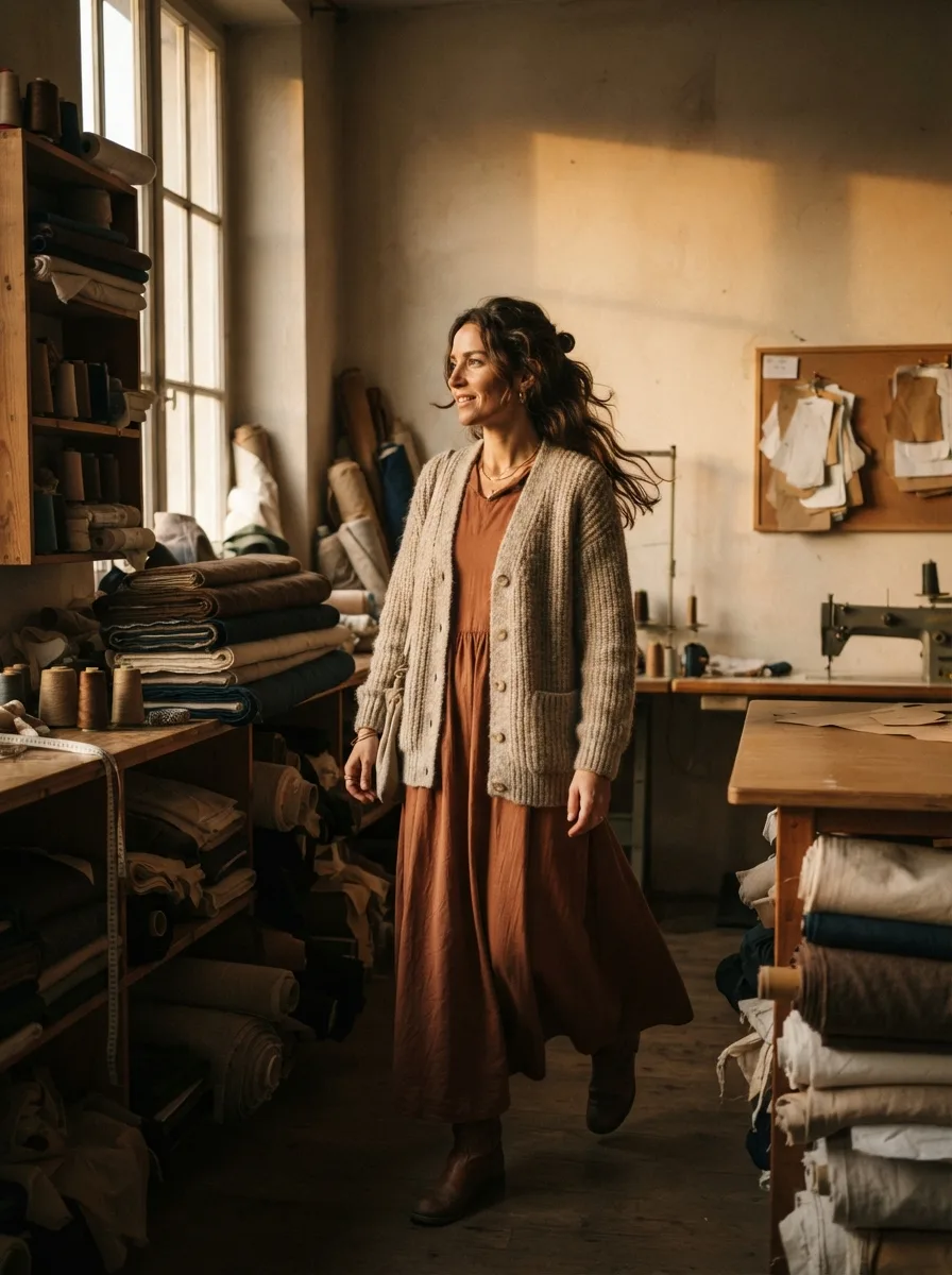 Woman in a cream chunky cardigan and rust suede belt walking through a sunlit tailor studio with rolled fabric bolts