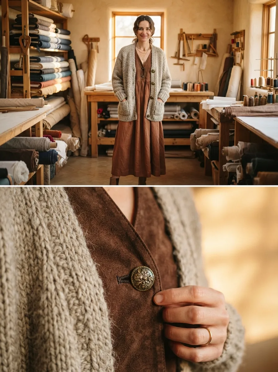 Woman in a cream cable-knit cardigan over a rust linen midi dress, standing in a tailor studio surrounded by fabric bolts