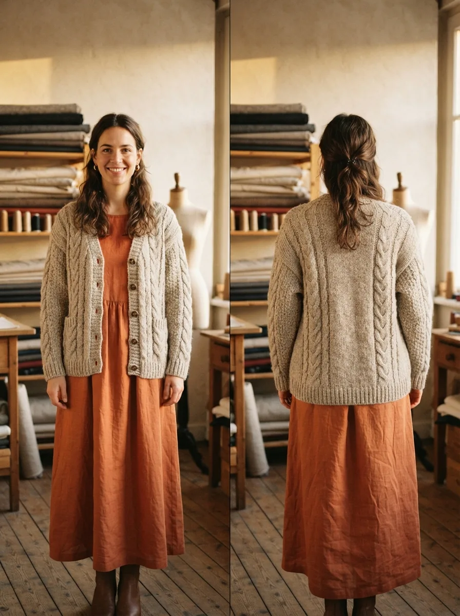 Back view of a woman's cable-knit cardigan over a rust linen midi dress in a sunlit tailor studio
