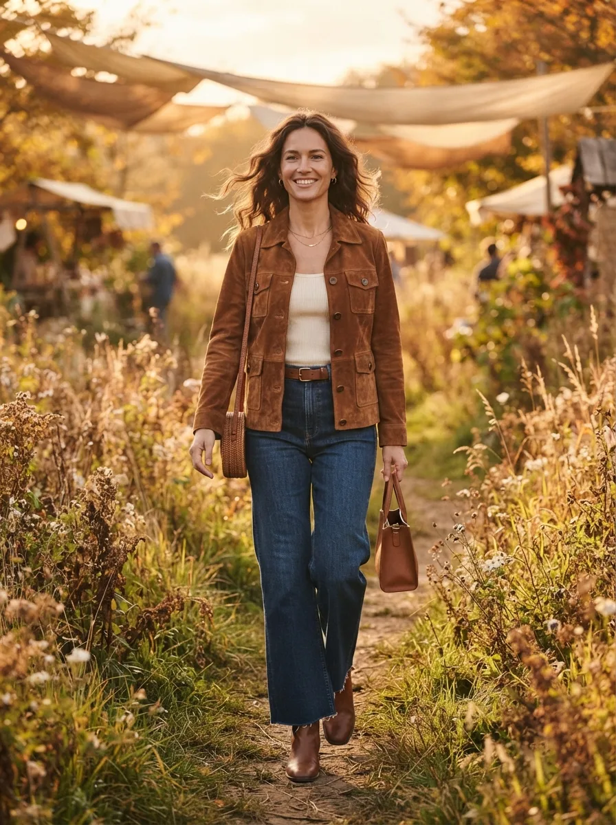 Woman walking through a rustic market with string-light canopies, wearing a rust suede jacket, cream tank, and dark denim