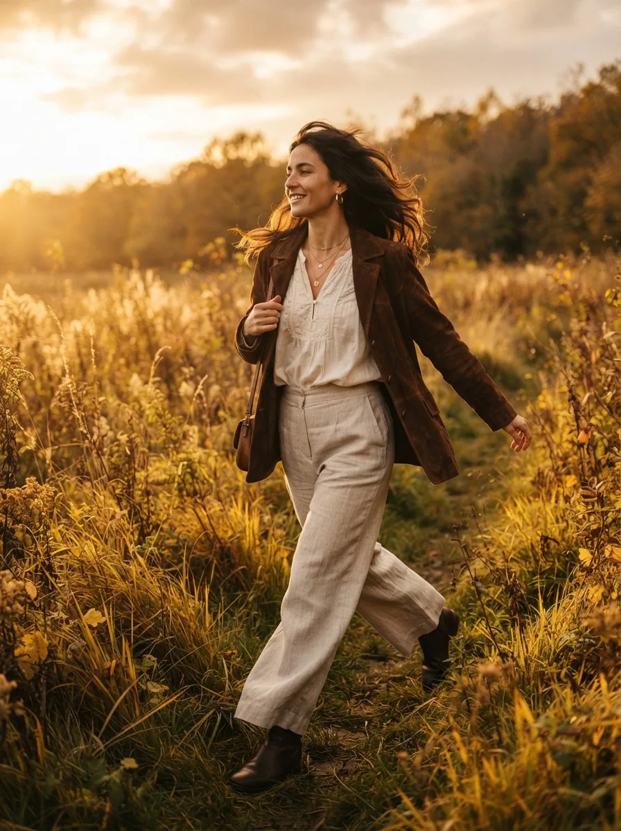 Woman walking through a golden autumn field wearing a brown suede jacket, cream embroidered blouse, and beige trousers, seen from behind