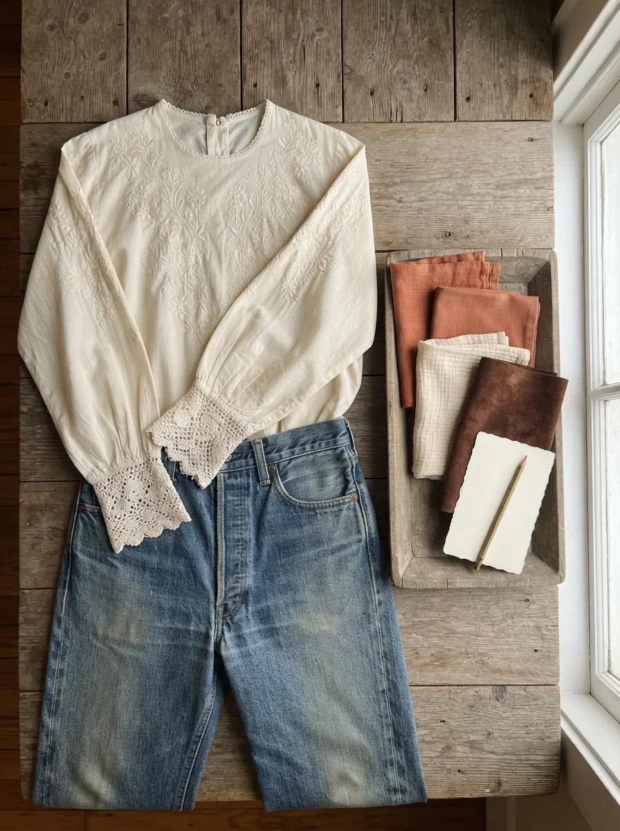 Flat-lay of a cream embroidered blouse, denim, and folded rust and wool fabric swatches on a wooden surface