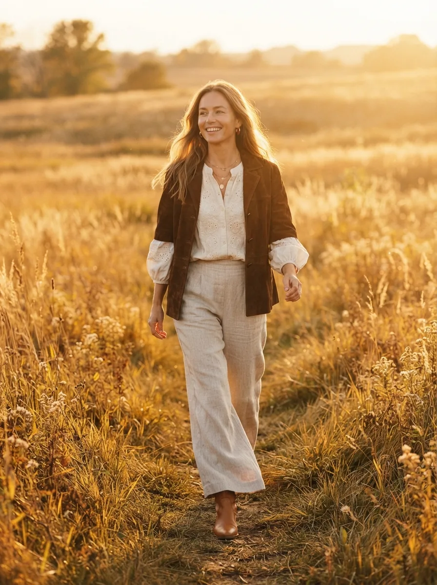 Woman walking through a golden autumn field at sunset wearing a brown suede jacket and cream embroidered blouse, hair lifting in the wind